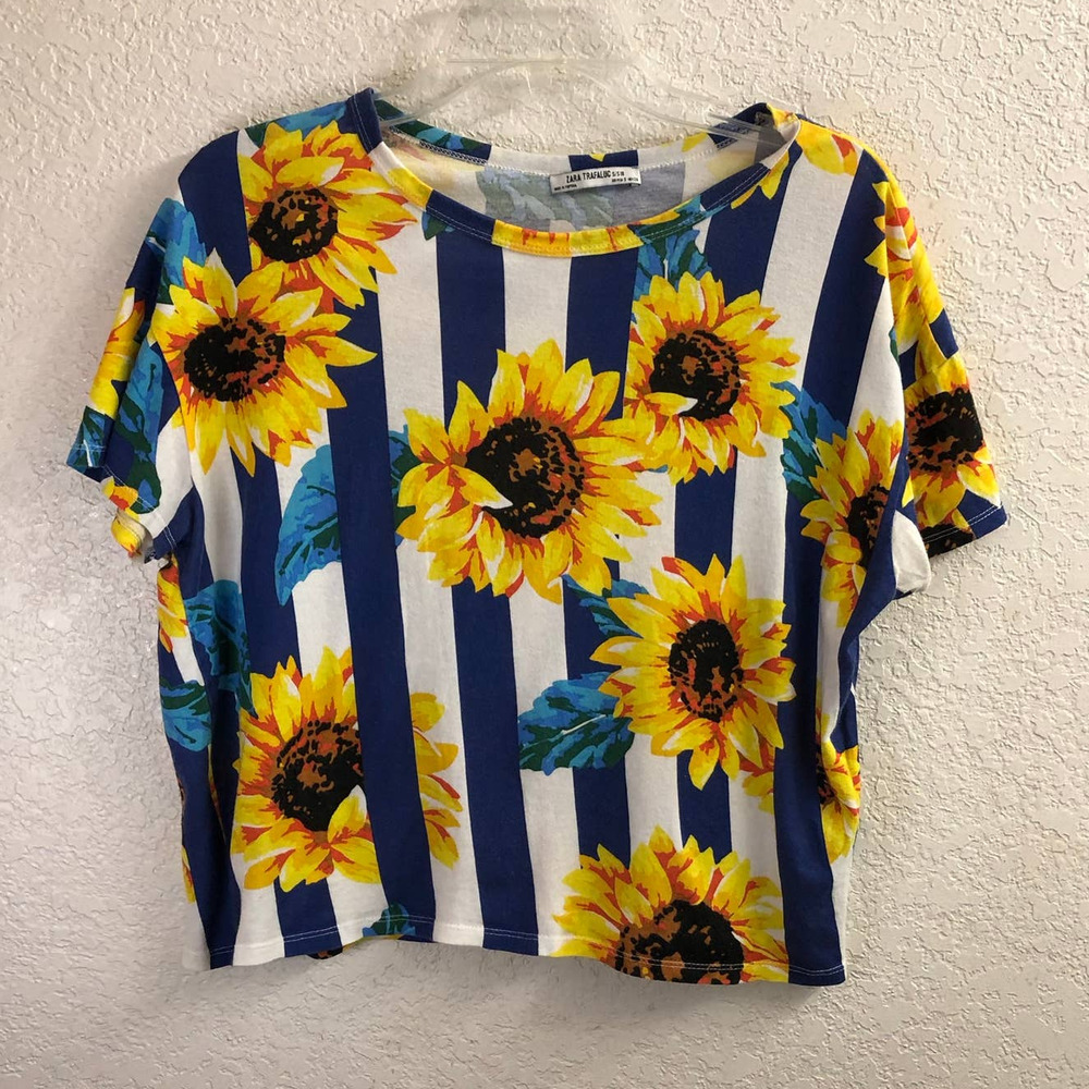 Zara Sunflower Navy Stripe Long Crop T-Shirt Women's Size S